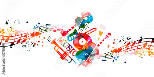Colorful musical poster with musical instruments and notes isolated vector illustration. Artistic playful music design with vinyl disc for concert events, music festivals and shows, party flyer