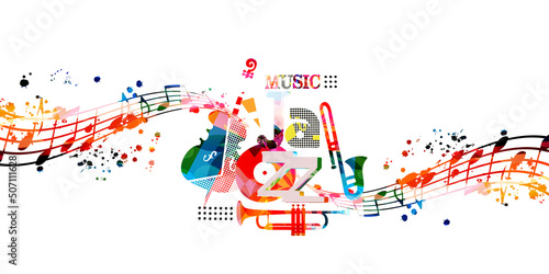 Colorful musical poster with musical instruments and notes isolated vector illustration. Artistic playful jazz music design with vinyl disc for concert events, music festivals and shows, party flyer