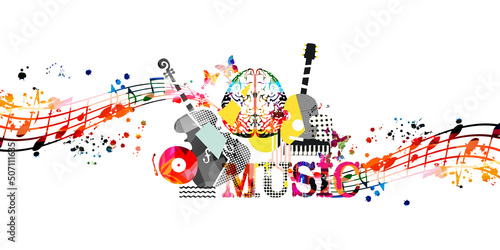 Colorful musical poster with musical instruments and notes isolated vector illustration. Creative music design with cello, guitar and piano for concert events, music festivals and shows, party flyer