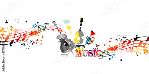 Colorful musical poster with musical instruments and notes isolated vector illustration. Playful design with cello, guitar, trumpet and piano for concert events, music festivals and shows, party flyer