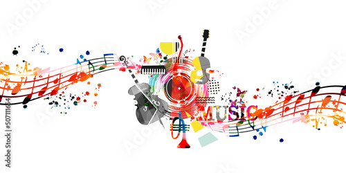 Colorful musical poster with musical instruments and notes isolated vector illustration. Artistic playful music design with vinyl disc for concert events, music festivals and shows, party flyer