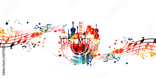 Colorful musical poster with musical instruments and notes isolated vector illustration. Artistic playful music design with LP vinyl disc for concert events, music festivals and shows, party flyer