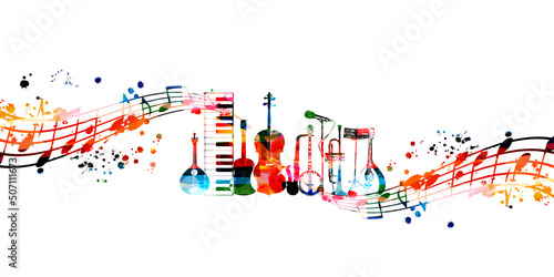 Colorful musical instruments bundle with musical notes isolated vector illustration. Instruments collection poster for live concert events, music festivals and shows, performances, party flyer photo