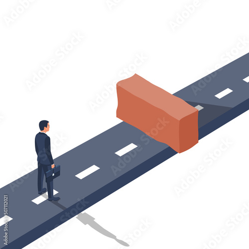 Dead end concept. The businessman is on the way before the dead end. Brick and the end of the road. Vector illustration isometric design. Isolated on background. No further road.