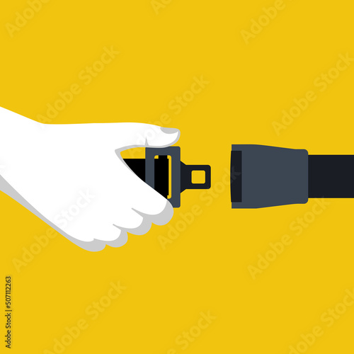 Seat Belt. Safety First concept. A man fasten buckle hands. Safety of movement on car, airplane. Vector illustration flat design. Isolated on white background. Protection driver and passengers.