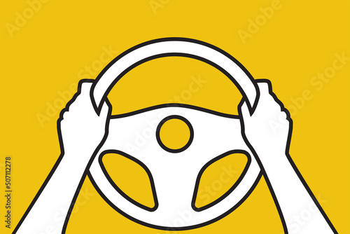 Hands on steering wheel black icon. Driver vehicle. Web Design Template Automobile background. Vector illustration flat black line style. Car drive. Driving lessons. Glyph steering wheel.