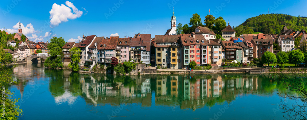 Romantic beuatiful paces of Switzerland . Laufenburg town over Rhein river. popular tourist destination, border with Germany.