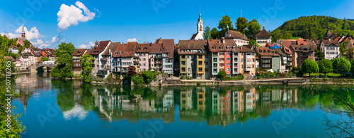 Romantic beuatiful paces of Switzerland . Laufenburg town over Rhein river. popular tourist destination, border with Germany.