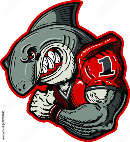angry shark mascot wearing football uniform for school, college or league