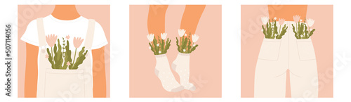 Flowers in women's clothing set. Flowers and leaves in socks and pockets of jeans and jumpsuit. Summer bouquet aesthetic. Blossoms and high socks. Modern floral vector isolated. Cartoon illustration