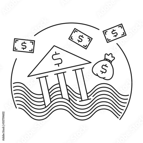 Sinking bank building with US dollars. Bank going bankrupt concept.