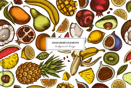 Fruits seamless pattern background design. Engraved style. Hand drawn bananas, pears, kiwi etc.