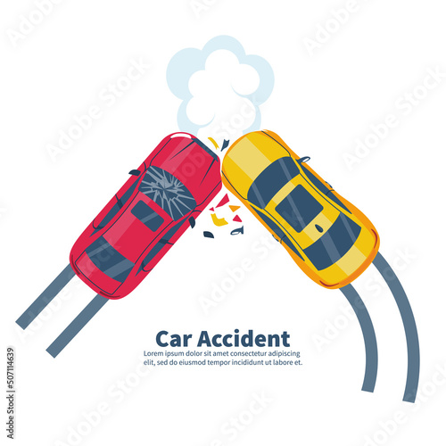 Car accident concept. Two crash cars top view. Transport incident, cartoon style. Vector illustration flat design. White background. Two vehicle collided on road. Violation of driving safety rules.