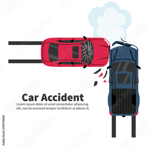 Car accident concept. Two crash cars top view. Transport incident, cartoon style. Vector illustration flat design. White background. Two vehicle collided on road. Violation of driving safety rules.
