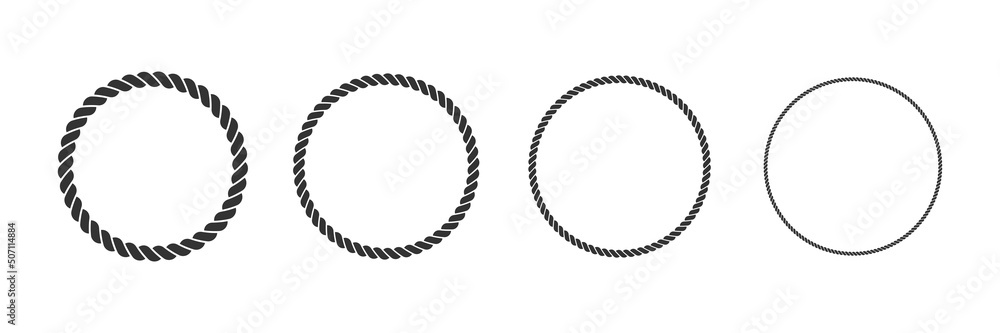 Round rope curve symbol set. Different thickness circular ropes set for decoration. Vector isolated on white.  - obrazy, fototapety, plakaty 