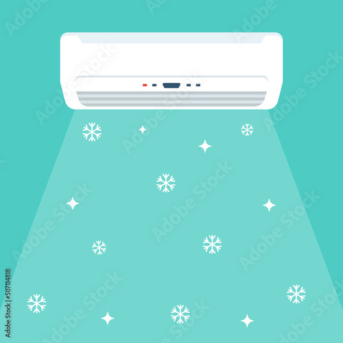 Conditioner cartoon. Flat icon home conditioner. Air conditioning and cold airflow with snowflakes. Vector illustration flat design. Isolated on white background.