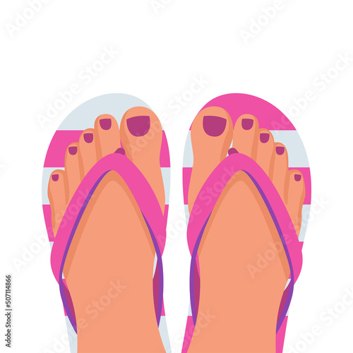 A pair of female legs with a pedicure in beach slippers. Beach shoes. Color slippers. Female stands in flip-flops, cartoon style. Summer vacation and relaxation. Vector illustration flat design.