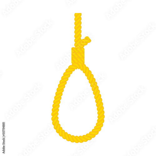 Hangman's knot yellow symbol. Rope hanging loop. Noose black icon. Death or suicide sign. Vector isolated on white.