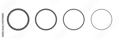 Round rope curve symbol set. Different thickness circular ropes set for decoration. Vector isolated on white. 
