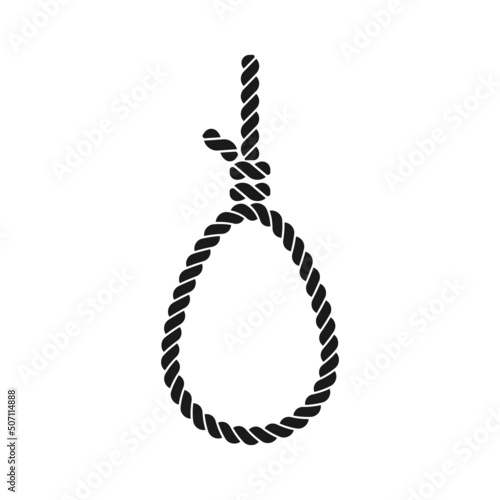 Hangman's knot symbol. Rope hanging loop. Noose black icon. Death or suicide sign. Vector isolated on white.