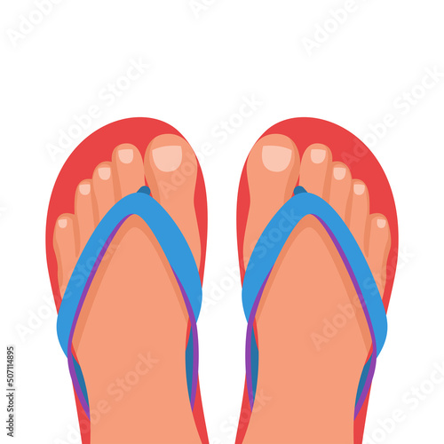Pair of male legs in beach slaps. Beach shoes. Color slippers. Human stands in flip-flops, cartoon style. Summer vacation and relaxation. Vector illustration flat design. Isolated on white background.