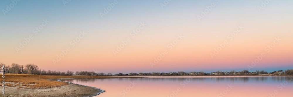 dusk over lake in Colorado, Boyd Lake State Park panorama