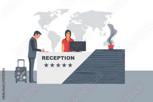 Hotel reception. The businessman client is at registration stand. Woman registrar accepts the client. Hotel booking concept. Reception desk. Vector illustration flat design. Manager accepts tourist.