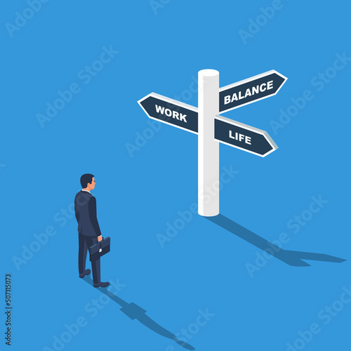 Work life balance. A businessman is in front of a sign three directions. Vector illustration isometric 3d design. Isolated on white background.