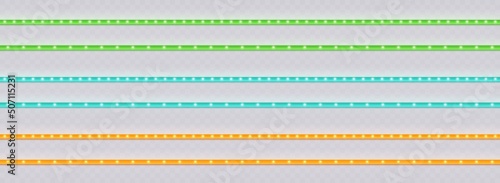 Lightbox stripes with light bulbs, vintage marquee seamless borders set. Bright luminous retro ribbons isolated on a transparent background. Illuminated green, blue and red decoration tapes set.