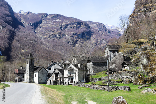 Historic Village with old Stone Rustico Houses in the Bavona Valley in Ticino in Ritorto, Switzerland photo