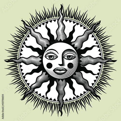 Engraved vintage drawing of a Vintage engraving stylized drawing of round decorative symbol of sun with face and rays