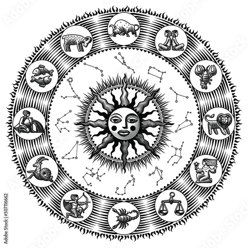 Engraved vintage drawing of a Vintage engraving stylized drawing of zodiac circle with the sun, zodiacal signs and the constellations