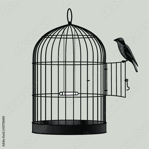Engraved vintage drawing of a bird perched on the open door of a birdcage