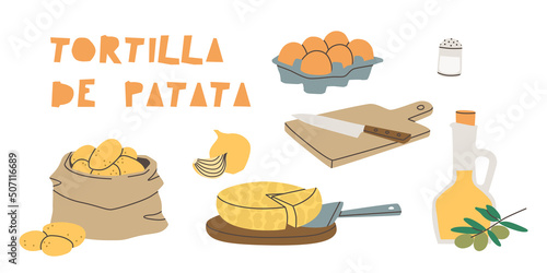 Spanish potato omelette ingredients - tortilla de patata. Olive oil, onions, potatoes, eggs, cutting board and knife. Vector illustration on a white background.