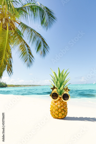 Funny pineapple face in funky glasses on vacation