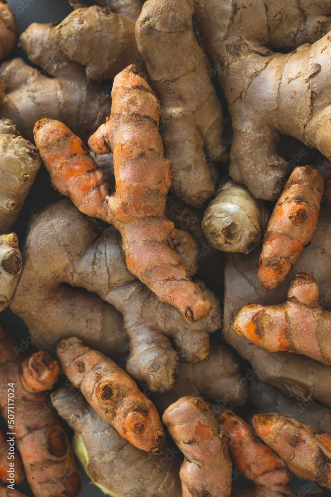 Turmeric and ginger roots top view Turmeric and ginger roots top view