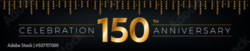 150th anniversary. One hundred fifty years birthday celebration horizontal banner with bright golden color.