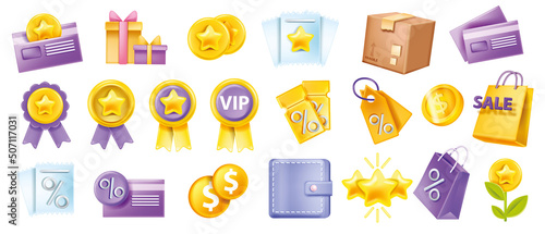 3D sale icon vector set, discount tag collection, special offer shop coupon, loyalty program gift, box. Online shopping website promotion badge kit, VIP card, bonus reward voucher. Isolated sale icon