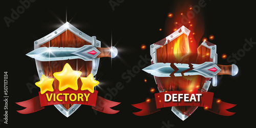 Game badge rank icon, winner achievement award, vector defeat victory UI design element. Medieval RPG result sign, lose emblem, wooden shield, ribbon, sword, star. Rating game badge prize, level medal