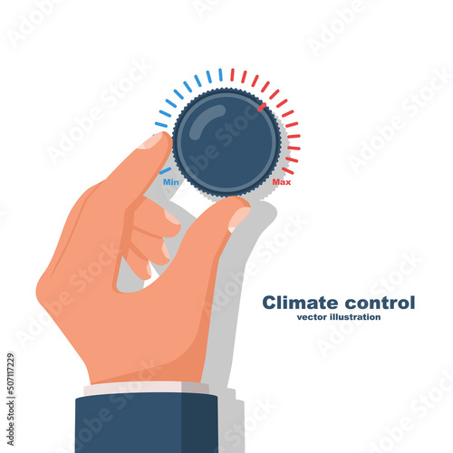 Climate control handle. Person includes air conditioning in the car. The driver turns on the vehicle's climate control system. Vector illustration flat design. Isolated on white background.