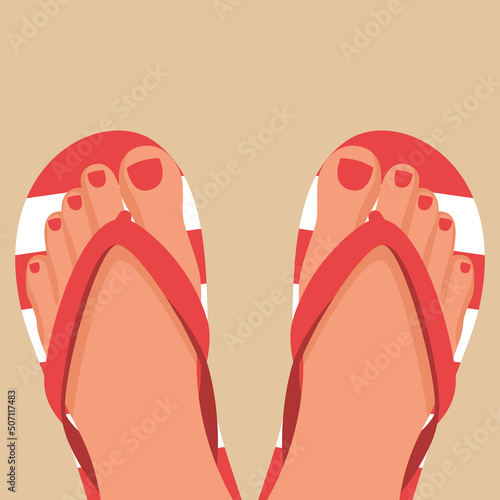 A pair of female legs with a pedicure in beach slippers. Beach shoes. Color slippers. Female stands in flip-flops, cartoon style. Summer vacation and relaxation. Vector illustration flat design.