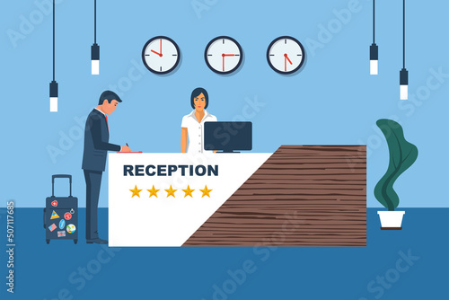 Hotel reception. The businessman client is at registration stand. Woman registrar accepts the client. Hotel booking concept. Reception desk. Vector illustration flat design. Manager accepts tourist.