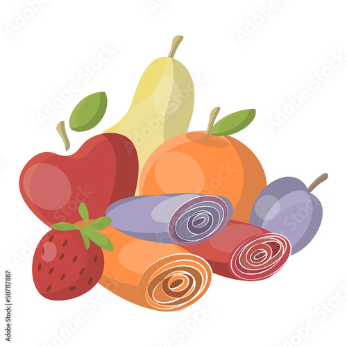 Pastille dessert, a set of images of fruit and marshmallows in the same style. Bright flat illustration. Sweets handmade. Healthy snacks.Fruit sweets design.