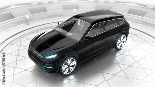 Shiny black SUV car inside of circular showroom at upper view. Professional 3d rendering of own designed generic non existing car model. photo