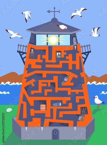 Maze game, activity for children. Vector illustration. Find paths for the lighthouse keeper to climb up to the lantern.
