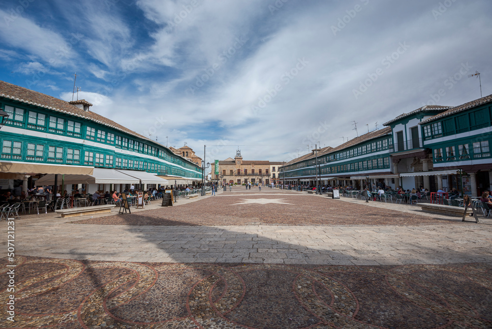 Main Square of Almagro, in the province of Ciudad Real, Spain. This town is a tourist destination and is designed as Historic-Artistic Grouping