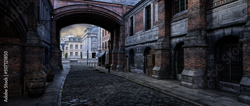 Old Victorian city street archway and cobblestones. Steampunk concept urban panoramic 3D illustration.