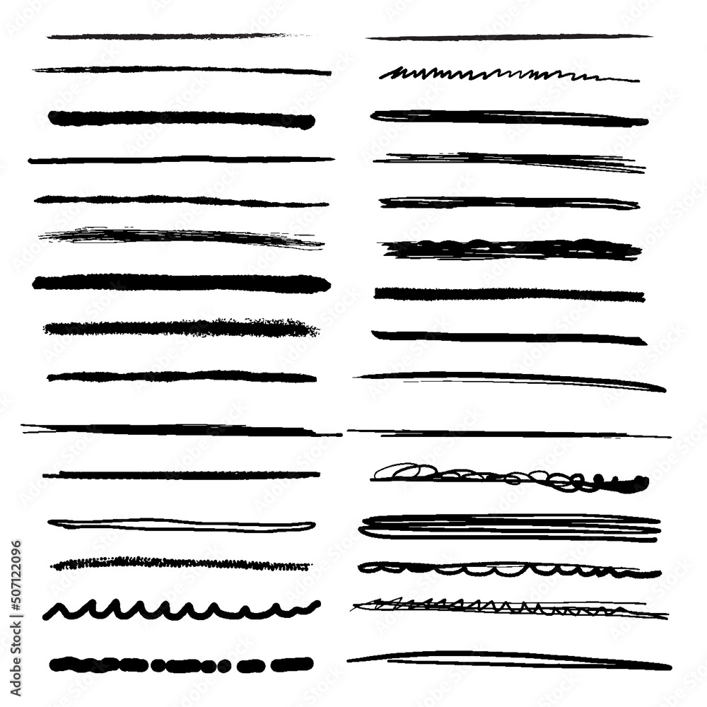 Collection of hand-drawn lines, brush lines, brush strokes, underlines, various shapes of doodle style, Vector illustration.