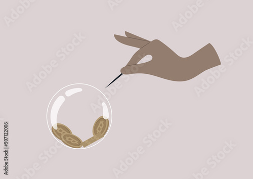 A bitcoin soap bubble burst, a hand holding a needle