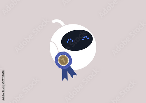 A robot wearing a golden medal decorated with a blue ribbon, a contest winner, AI best result